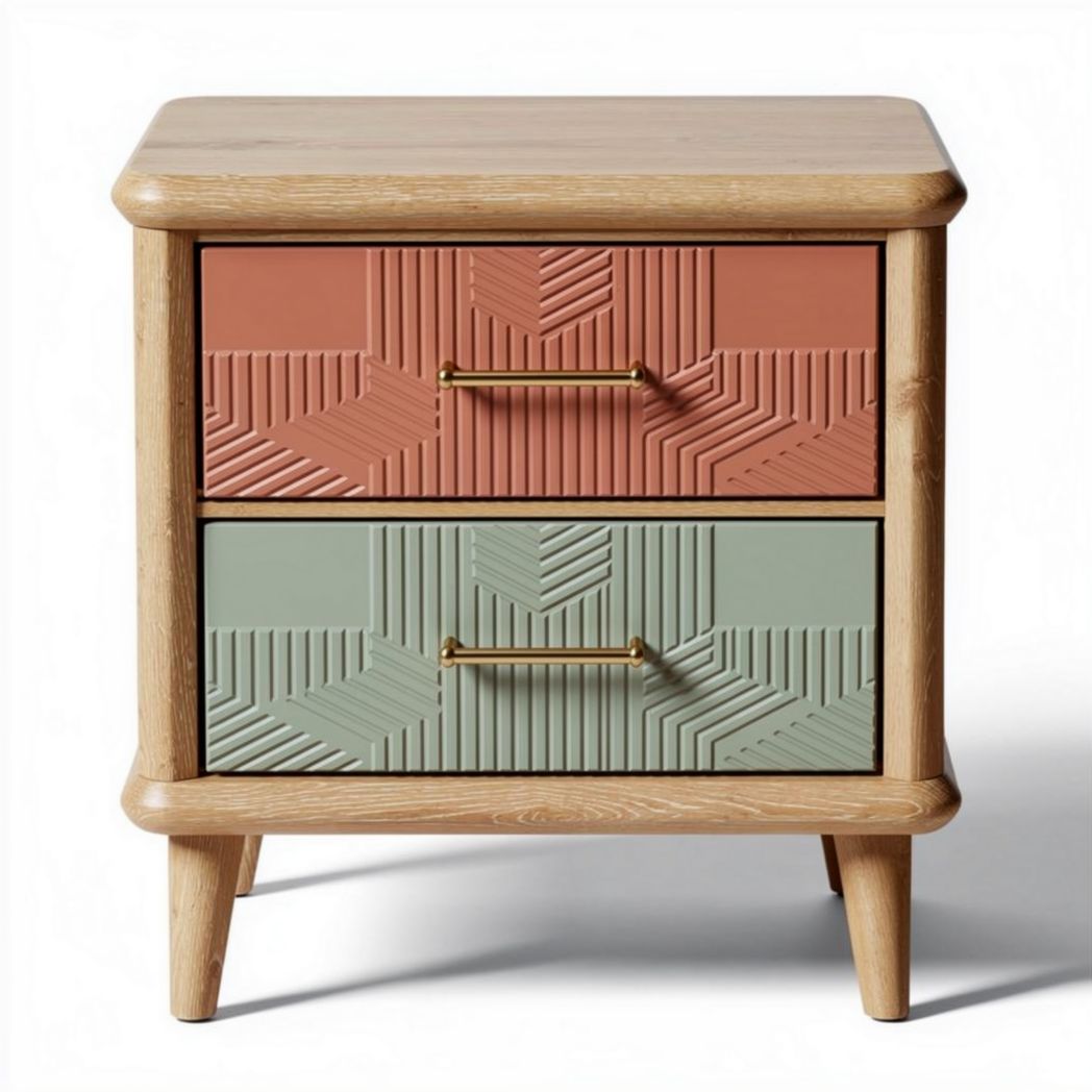 Wooden nightstand with patterned drawers in coral and mint green 45 x 40 x 50cm