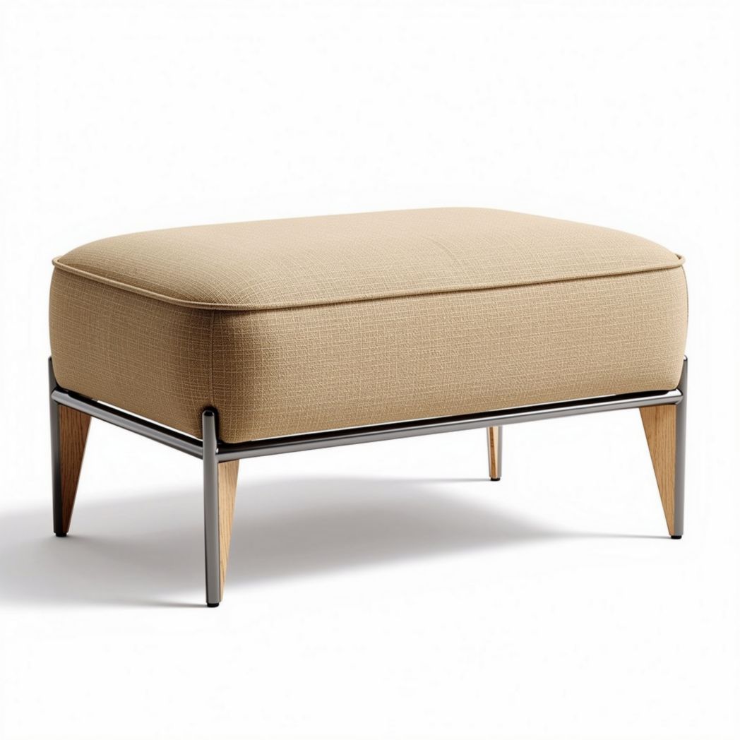Upholstered ottoman in beige fabric with metal frame and wooden legs 80 x 60 x 40cm