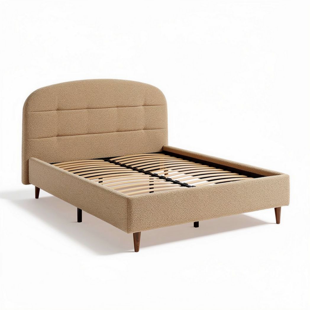 Upholstered bed frame with wooden slats and modern design in beige 200 x 160 x 100cm