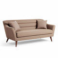 Beige fabric two-seater couch with wooden legs and throw pillows 180 x 80 x 85cm