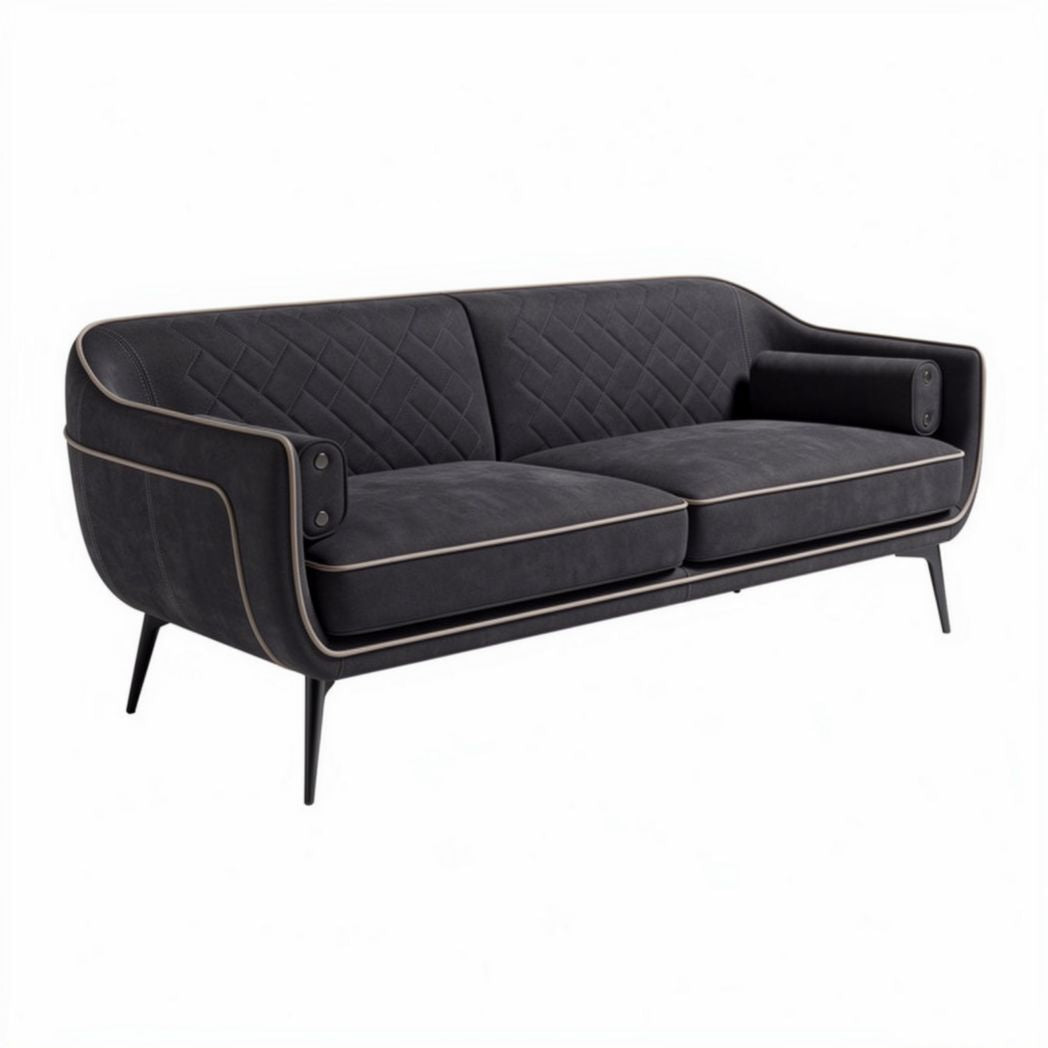 Modern two-seater sofa in dark gray fabric with gold piping details