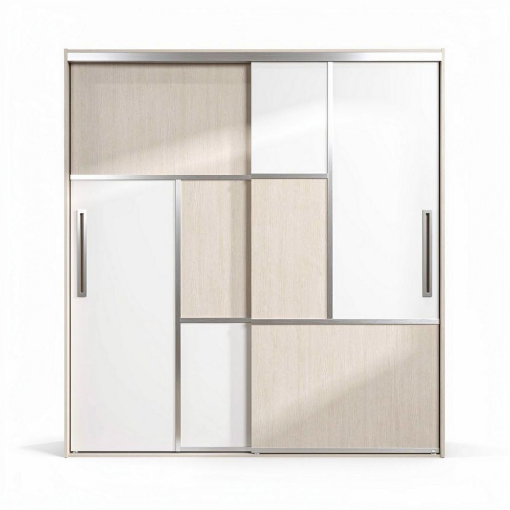 Sliding door wardrobe with mixed wood finish and metal handles 200 x 120 x 10cm