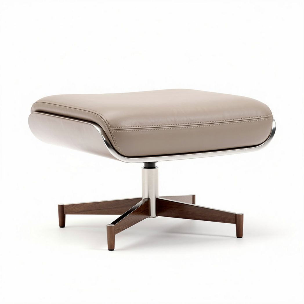 Leather ottoman with chrome base and wooden legs 45 x 45 x 35cm