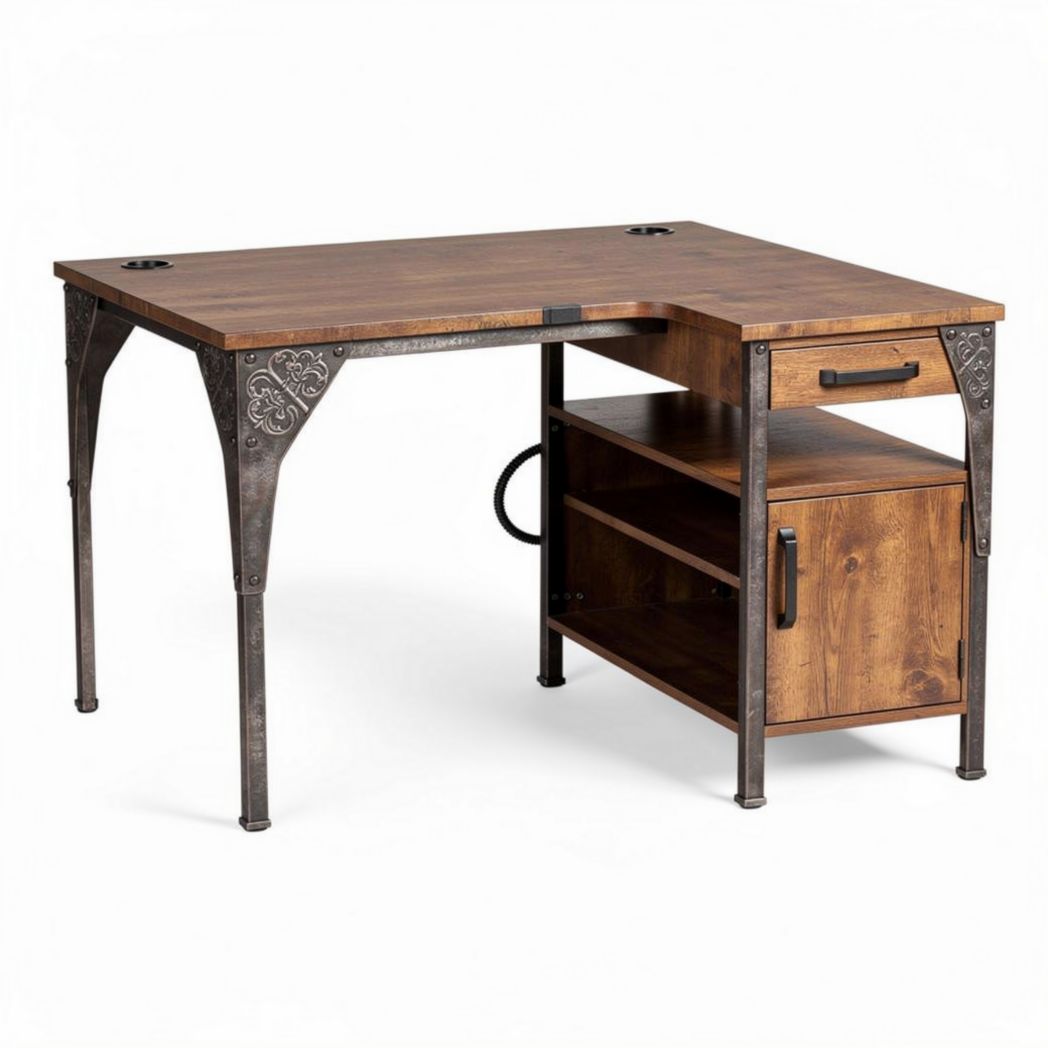 L-shaped wooden desk with metal accents and storage cabinet 120 x 60 x 75cm