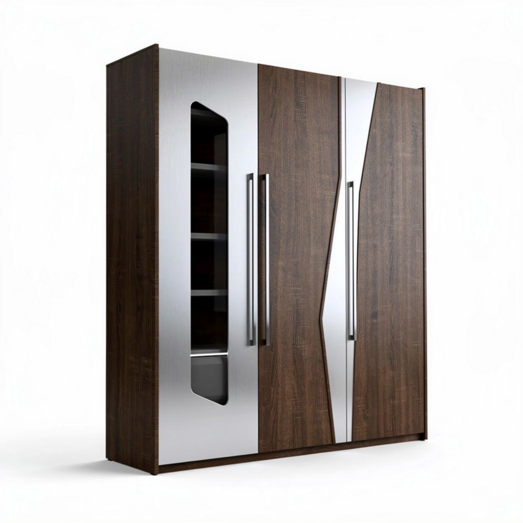 Modern wooden wardrobe with mirrored doors and adjustable shelves 180 x 150 x 50cm