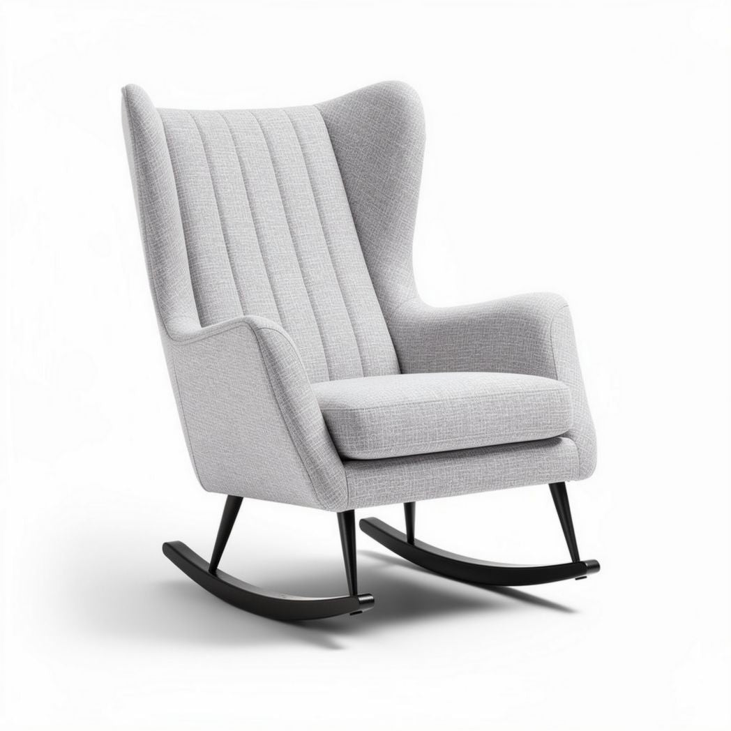 Rocking chair with gray fabric upholstery and black metal base 80 x 90 x 100cm