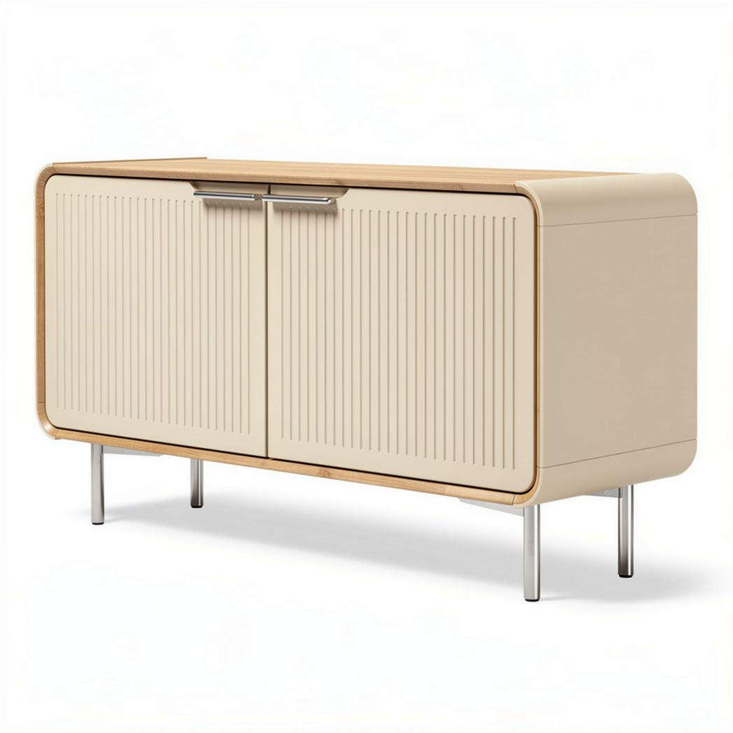 Modern beige sideboard with ribbed doors and metal legs 120 x 45 x 75cm