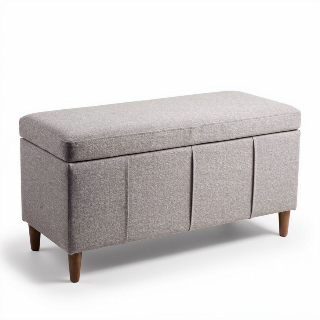 Fabric storage bench with padded lid and wooden legs in light gray 90 x 40 x 45cm